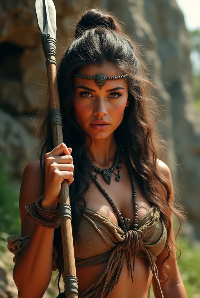 tribe of beautiful women wearing caveman clothing, wielding a spear, detailed facial features, beautiful eyes, detailed skin texture, (best quality, 4k, 8k, high resolution, masterpiece: 1.2), ultra detailed, (realistic, photorealistic, photorealistic: 1.37), natural lighting, warm color tones, intricate tribal patterns, rugged environment, lush vegetation, detailed rock formations, dramatic lighting