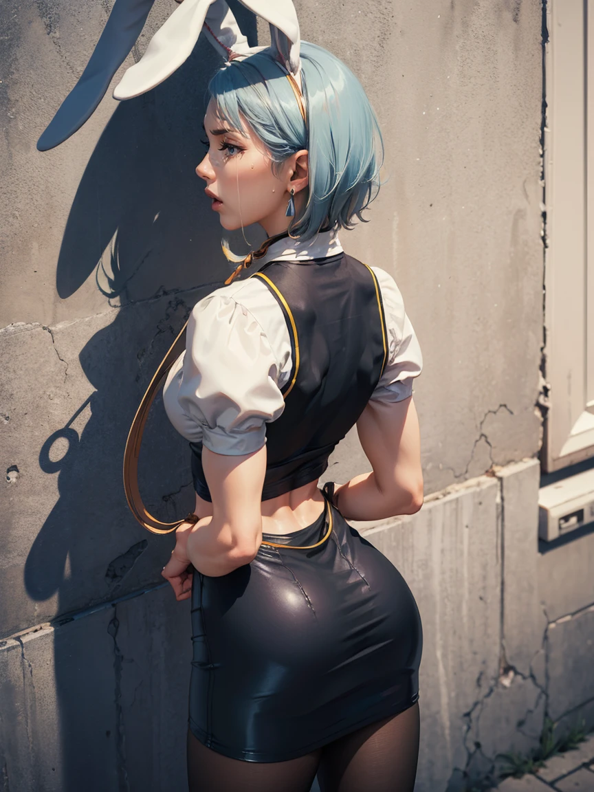 Beautiful woman is shown to have a athletic figure, she is wearing a beautiful nsfw dress, (aafranziska, light blue hair:1.5), ascot, (crop top), puffy sleeves, pencil skirt, pantyhose, black gloves, jewelry, earrings, (black bunny ears, black leash:1.4), black lips, (tears:1.4), girl standing in street, (looking down, from above:1.4), sexy session, (arms behind back:1.7), exposed cleavage, (abs), cowboy shot, superior quality, many details, realistic