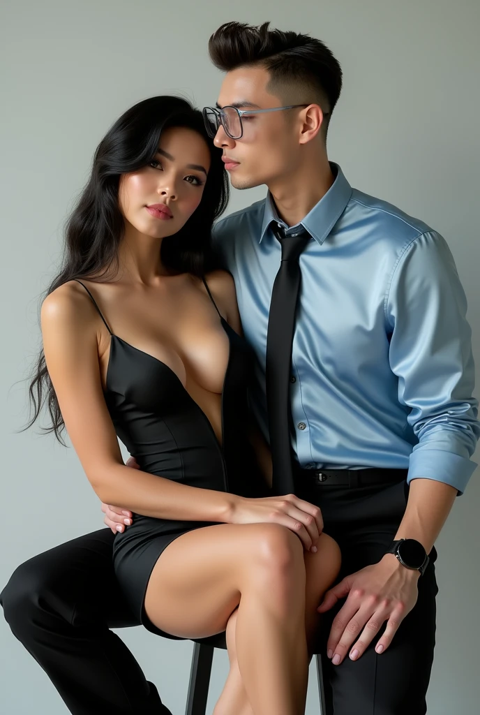 (beautiful 16 year old girl kissing a man in a suit) ((completely naked)) Perfect beautiful face, (slender body) thin body, (black hair) (blue eyes) (white skin) beautiful body, western face, eyes predatory, pink vaginal lips, thin hips, thin thighs, collarbone, ribs, (serious and tired expression) (looking away), full body, (smooth pussy, shaved vagina) Western beauty, thin nose, (location: inside the desert shopping center) ((girl dating a man in a suit, man in black)) kiss, hug
