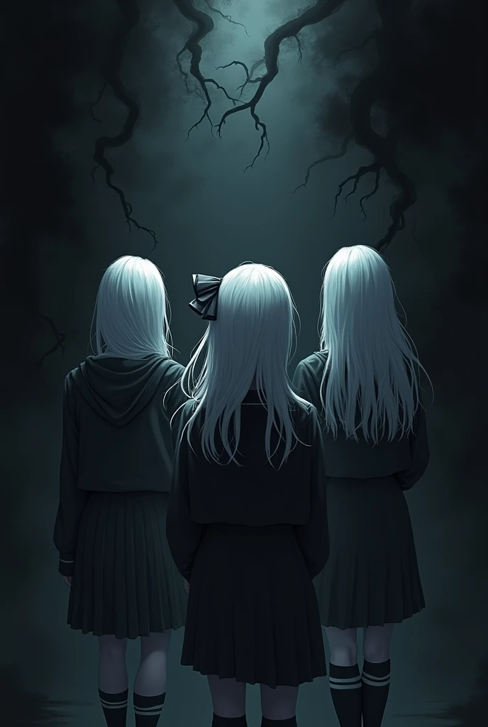 Make me a book cover, black background, with black shadows around them without humanoid faces, three girls in the middle, teenagers in school uniform, all three with white hair, A girl with a bow, mysterious atmosphere