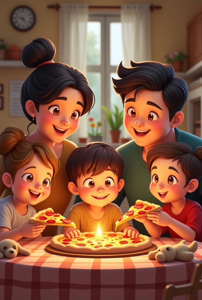 A family eating pizza