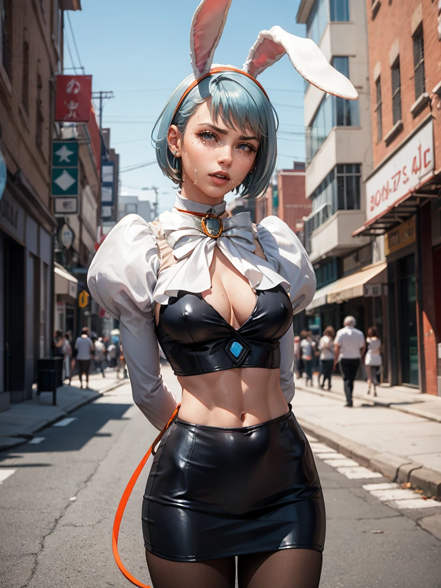 Beautiful woman is shown to have a athletic figure, she is wearing a beautiful nsfw dress, (aafranziska, light blue hair:1.5), ascot, (crop top), puffy sleeves, pencil skirt, pantyhose, black gloves, jewelry, earrings, (black bunny ears, black leash:1.4), black lips, (tears:1.4), girl standing in street, (looking down:1.4), sexy session, (arms behind back:1.7), exposed cleavage, (abs), cowboy shot, superior quality, many details, realistic