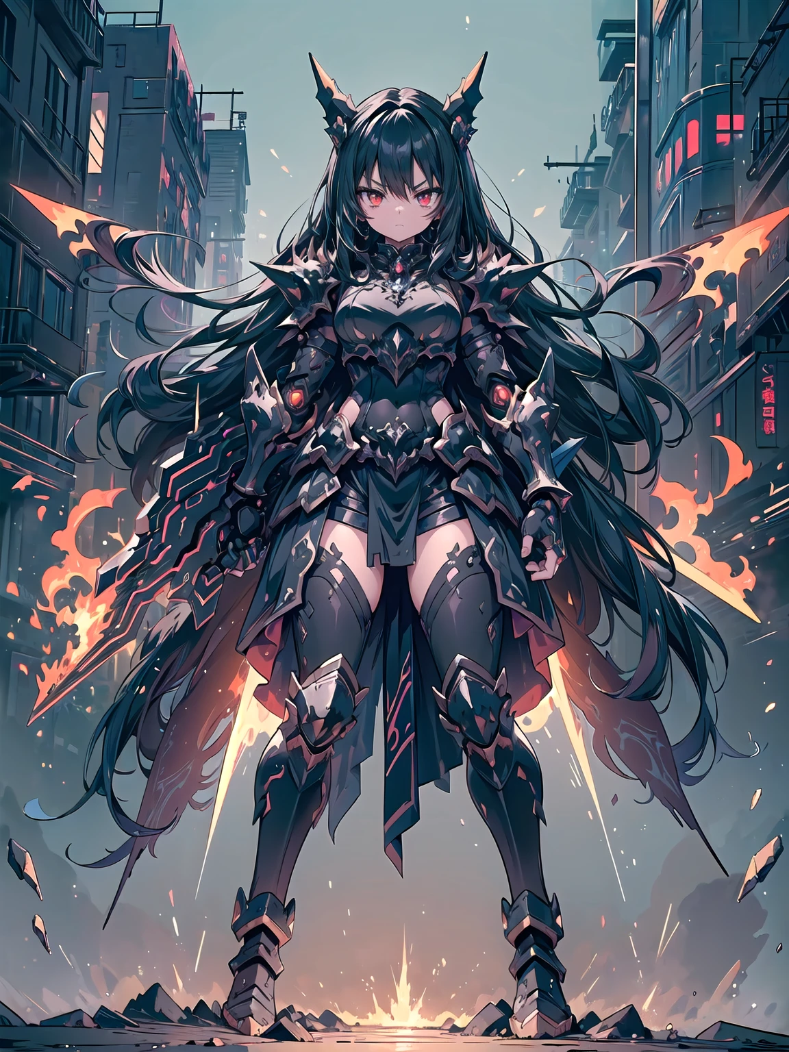 (((masterpiece, best quality, high detailed, 16k))) (1girl) A fierce girl donning armor reminiscent of Black WarGreymon, her eyes burning with determination and strength. Her hair is a stark black with streaks of silver, flowing around her fierce expression. She wears a dark, metallic armor, adorned with menacing spikes and intricate patterns of red and black, echoing the design of a powerful Digimon warrior. The armor is both robust and sleek, offering maximum protection while enhancing her intimidating presence. She wields a massive, clawed gauntlet, and her stance exudes readiness for battle. Around her, a dark aura pulses with raw energy, hinting at her immense power and relentless spirit. ((full body view:1.4))

