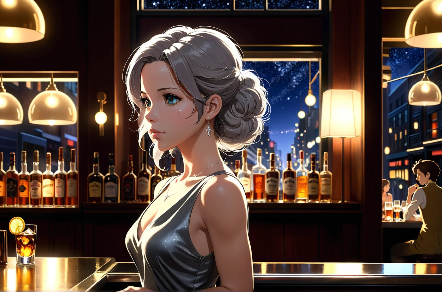 Uses Makoto Shinkai's depiction perfectly,Portrait of Kate Beckinsale,8k 4k masterpiece photo ,new york,A jazz bar with a glass ceiling,The twinkling stars can be seen through the glass windows.,It's a dark night outside,Jazz is playing,Close-up of profile,Beautiful in profile,Semi-long hair,Silver Hair,Look in a different direction,Standing alone at the counter,A small glass of whiskey in front of me1There are、tight fitting tank top dress,The bust is large