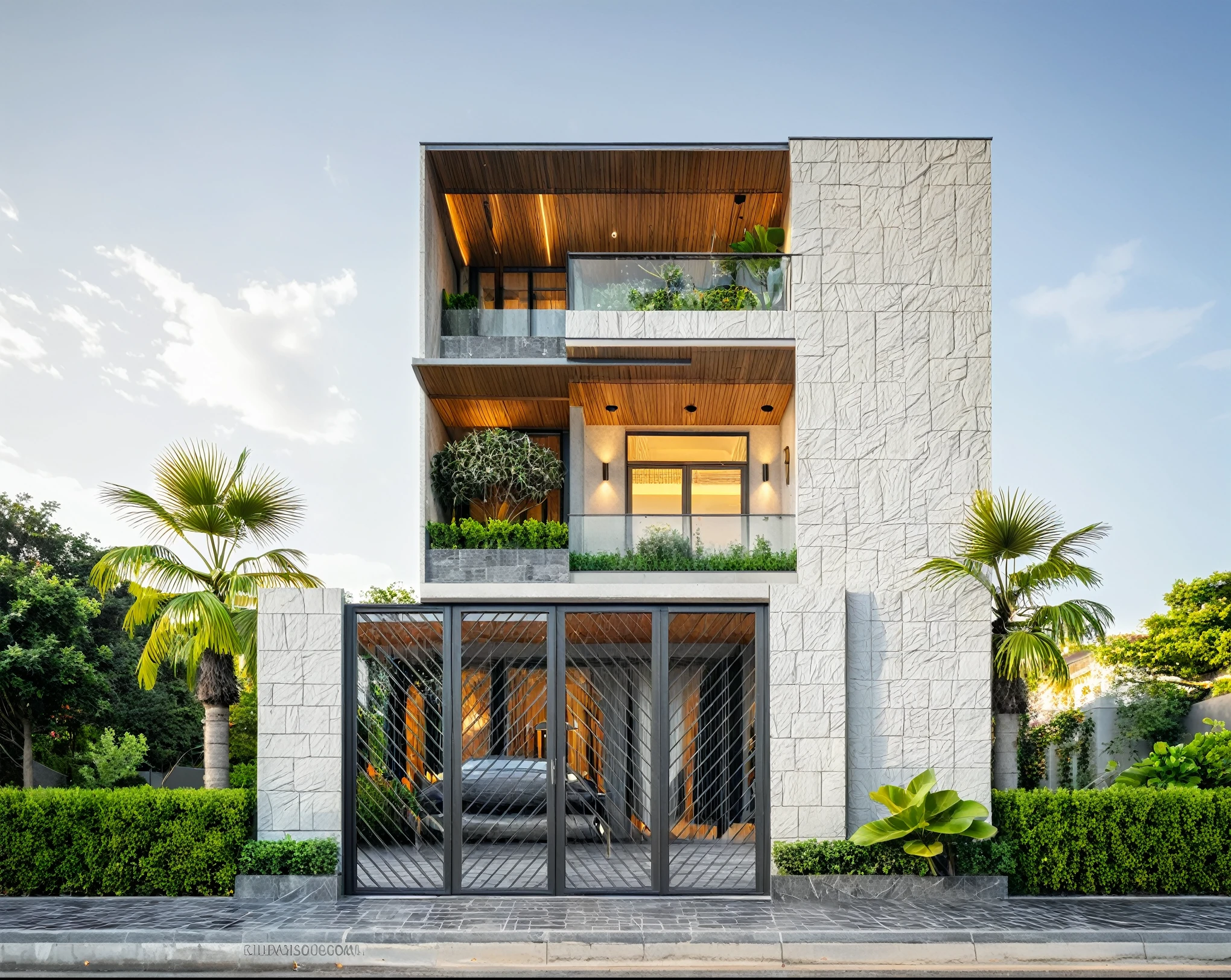 modern townhouse on street, (daylight), tropical tree, shrub and plants, vivid color, streetcapes, modern and minimalist design, rough stone wall accent, brigth grey tone, large glass door, warm interior lighting, modern material, best quality, ultra realistic, masterpiece, 17ArchiAI_XL_VL-v1
