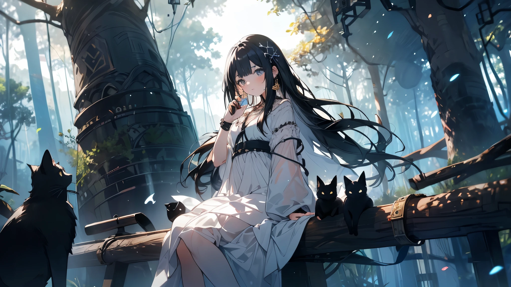 A girl is playing an ocarina on a tree branch.
She has long black hair and wears a white dress.
Next to the girl, a black cat is riding along with the music.