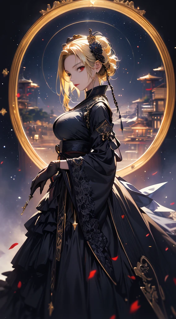 masterpiece, high quality, 4K, Beautiful design, silhouette，blonde， 非常に詳細な夜のStarry Sky,Flower Field， wonderful, Finer details,  Very knowledgeable woman, Highly detailed solo, 1 female,Red eyes，Big Breasts，Gothic ta Fashion，Night view，Starry Sky，full moon，