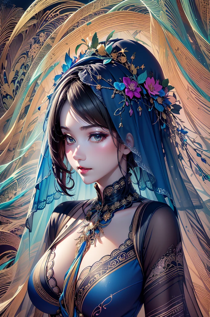 (masterpiece, Highest quality, Highest quality, Official Art, beautifully、aesthetic:1.2), (One girl:1.3), Very detailed,(Fractal Art:1.2),colorful,Most detailed,(Tangled:1.2), (Dynamic pose), (Abstract background:1.5), (treditional dress:1.2), (Shine肌), (Many colors:1.4) One girl,Realistic style with fantasy elements,High resolution,Realistic blue and light black,Charming and realistic characters,Shine肌,Surrealism,Detailed clothing (((Veil,colorful Veil,光の粒子効果のあるVeil,Shine,dress))),beautiful,