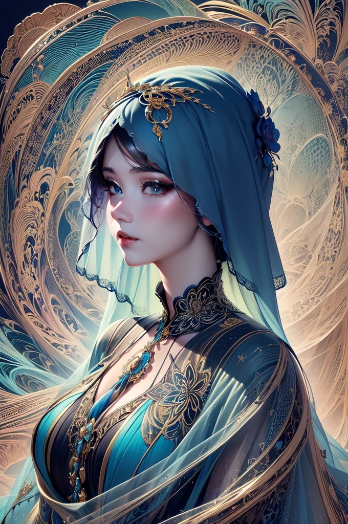 (masterpiece, Highest quality, Highest quality, Official Art, beautifully、aesthetic:1.2), (One girl:1.3), Very detailed,(Fractal Art:1.2),colorful,Most detailed,(Tangled:1.2), (Dynamic pose), (Abstract background:1.5), (treditional dress:1.2), (Shine肌), (Many colors:1.4) One girl,Realistic style with fantasy elements,High resolution,Realistic blue and light black,Charming and realistic characters,Shine肌,Surrealism,Detailed clothing (((Veil,colorful Veil,光の粒子効果のあるVeil,Shine,dress))),beautiful,