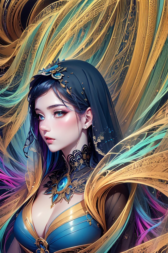 (masterpiece, Highest quality, Highest quality, Official Art, beautifully、aesthetic:1.2), (One girl:1.3), Very detailed,(Fractal Art:1.2),colorful,Most detailed,(Tangled:1.2), (Dynamic pose), (Abstract background:1.5), (treditional dress:1.2), (Shine肌), (Many colors:1.4) One girl,Realistic style with fantasy elements,High resolution,Realistic blue and light black,Charming and realistic characters,Shine肌,Surrealism,Detailed clothing (((Veil,colorful Veil,光の粒子効果のあるVeil,Shine,dress))),beautiful,