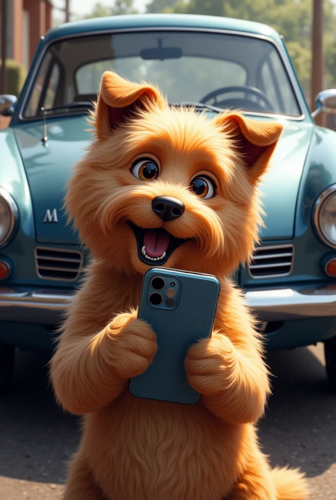 A dog taking selfie in front of a car, hairy, realistic art, a medium close-up picture, with the name H-MAN as the heading ontop, colored black