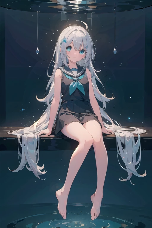 (masterpiece, Highest quality:1.2), One girl, alone,Are standing_Split, Long Hair,Black sleeveless short vest,Particles of light, whole body, One girl, Sailor, Wavy Hair, Floating Hair, smile, Sitting, Open your mouth, Particles of light, Silver Hair, Aqua Eye, View your viewers, Face Focus, Completely naked, Barefoot