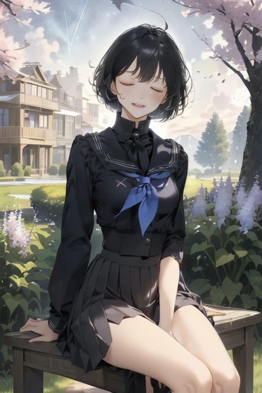 best quality, 1girl, solo, (osanai yuki), __posture__, short hair, black hair, bob cut, bangs, purple eyes, school uniform, red neckerchief, neckerchief, serafuku, sailor collar, socks, black skirt, skirt, long sleeves, pleated skirt, sweater, black socks, sleeves past wrists, black sailor collar, loafers, small breasts, breasts, cowboy shot, __looking__, __expression__, __background__. __posture__:standing\nstanding\n(contrapposto:1.1)\n(contrapposto:1.2)\n(sitting:1.1)\n(sitting:1.2) __looking__:looking_at_viewer\nlooking_at_viewer\nlooking_at_viewer\nlooking_at_viewer\nlooking_back __expression__:smile/nsmile/nsmile/nsmile, open_mouth/nsmile, closed_eyes/nopen_mouth/nshy/nlaughing/nangry/nevil/nlonely/ncrying __background__:outdoors, starry sky, night sky, sunset\nnight, night sky, cloudy sky, meteor, planet, cloud, star (sky), (starry sky:1.2)\n(outdoors), day, blue sky, cloud, nature, tree\noutdoors, day, blue sky, cloud, water\noutdoors, day, grass\ncherry blossoms, tree, outdoors, shooting star, petals, cloud\noutdoors, city, cityscape, scenery, building