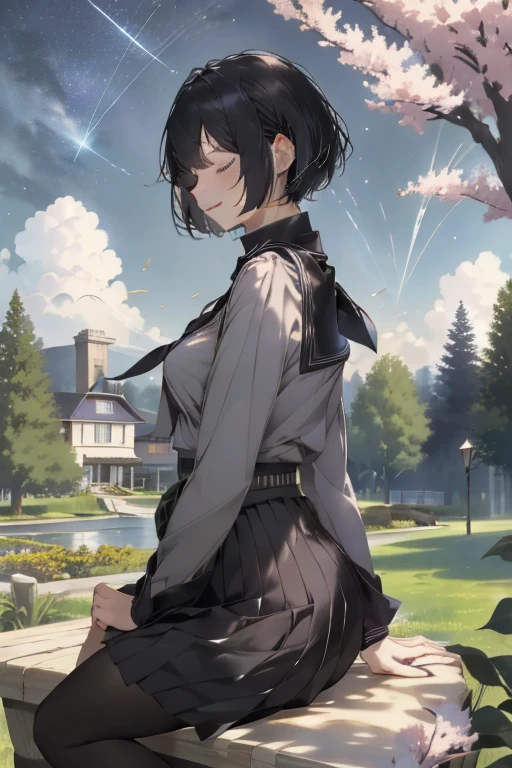 best quality, 1girl, solo, (osanai yuki), __posture__, short hair, black hair, bob cut, bangs, purple eyes, school uniform, red neckerchief, neckerchief, serafuku, sailor collar, socks, black skirt, skirt, long sleeves, pleated skirt, sweater, black socks, sleeves past wrists, black sailor collar, loafers, small breasts, breasts, cowboy shot, __looking__, __expression__, __background__. __posture__:standing\nstanding\n(contrapposto:1.1)\n(contrapposto:1.2)\n(sitting:1.1)\n(sitting:1.2) __looking__:looking_at_viewer\nlooking_at_viewer\nlooking_at_viewer\nlooking_at_viewer\nlooking_back __expression__:smile/nsmile/nsmile/nsmile, open_mouth/nsmile, closed_eyes/nopen_mouth/nshy/nlaughing/nangry/nevil/nlonely/ncrying __background__:outdoors, starry sky, night sky, sunset\nnight, night sky, cloudy sky, meteor, planet, cloud, star (sky), (starry sky:1.2)\n(outdoors), day, blue sky, cloud, nature, tree\noutdoors, day, blue sky, cloud, water\noutdoors, day, grass\ncherry blossoms, tree, outdoors, shooting star, petals, cloud\noutdoors, city, cityscape, scenery, building