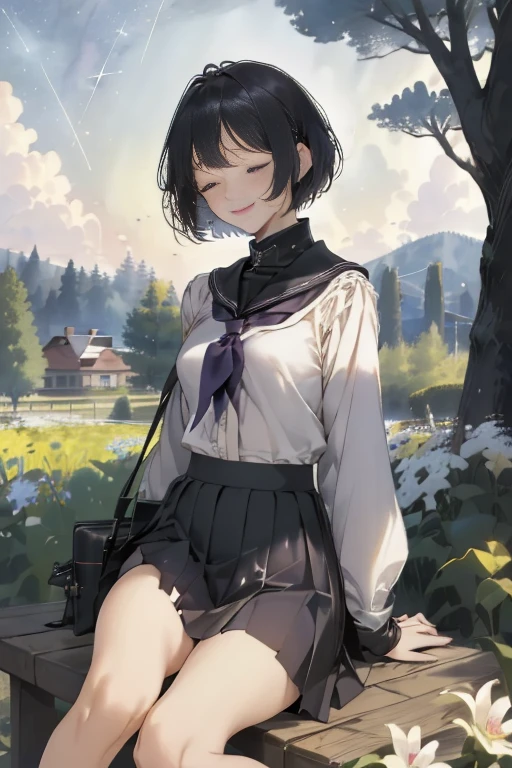  best quality, 1girl, solo, (osanai yuki), __posture__, short hair, black hair, bob cut, bangs, purple eyes, school uniform, red neckerchief, neckerchief, serafuku, sailor collar, socks, black skirt, skirt, long sleeves, pleated skirt, sweater, black socks, sleeves past wrists, black sailor collar, loafers, small breasts, breasts, cowboy shot, __looking__, __expression__, __background__. __posture__：standing\nstanding\n(contrapposto:1.1)\n(contrapposto:1.2)\n(sitting:1.1)\n(sitting:1.2) __looking__：looking_at_viewer\nlooking_at_viewer\nlooking_at_viewer\nlooking_at_viewer\nlooking_back __expression__：smile/nsmile/nsmile/nsmile, open_mouth/nsmile, closed_eyes/nopen_mouth/nshy/nlaughing/nangry/nevil/nlonely/ncrying __background__：outdoors, starry sky, night sky, sunset\nnight, night sky, cloudy sky, meteor, planet, cloud, star (sky), (starry sky:1.2)\n(outdoors), day, blue sky, cloud, nature, tree\noutdoors, day, blue sky, cloud, water\noutdoors, day, grass\ncherry blossoms, tree, outdoors, shooting star, petals, cloud\noutdoors, city, cityscape, scenery, building 