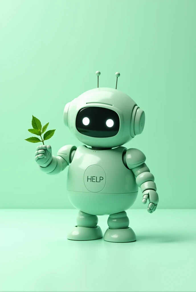 Small light green robot with a help symbol and an open hand , friendly with a mint leaf in hand 