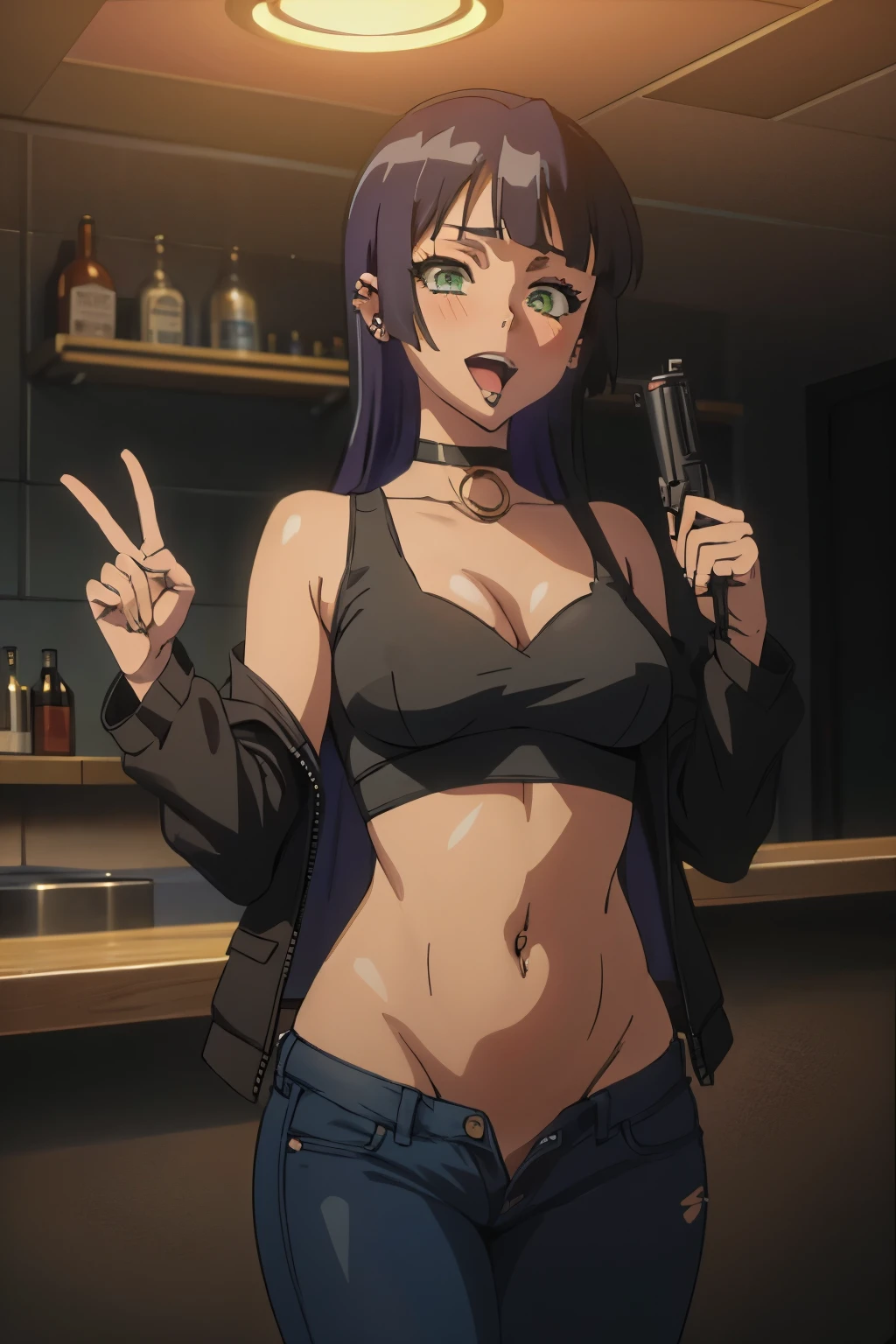 pa-san, blunt bangs, choker, colored inner hair, black hair, purple hair, green eyes,
blush, lipstick,,jewelry, earrings, Hot girl, baddie, bad attitude, mean girl, crazy, smoking, sensual, attractive , bar background, inside bar, indoor, masterpiece, best quality, highly detailed, a girls with a gun, evil smile , open mouth, sexy gaze, badass
pose , evil smile, smile, guns blazing, anime girl with long hair, beautiful long
haired girl, navel, evil expression, exposed belly, exposed navel, exposed midriff, exposed lower belly,
long black pants, crop top, cleavage, unbuttoned leather pants ,open fly, low rise black leather pants,
leather jacket, holding a gun, holding pistol, navel piercing , 