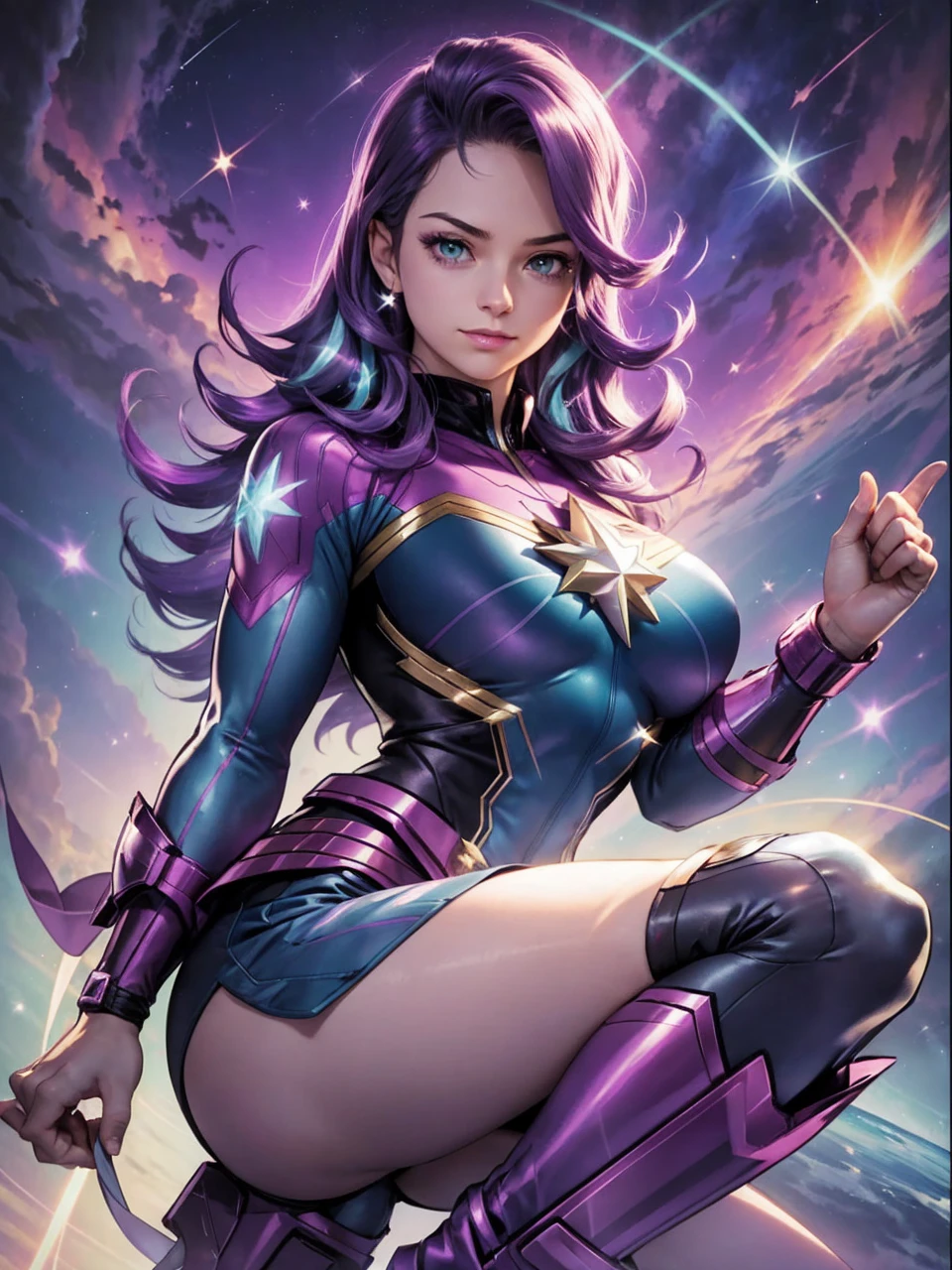 female Starlight Glimmer long Moderate purple with lighter purple and pale light, grayish aquamarine highlights hair super hero miss marvel avengers earth mightiest heroes one piece swimsuit speedo sport shoes gloves