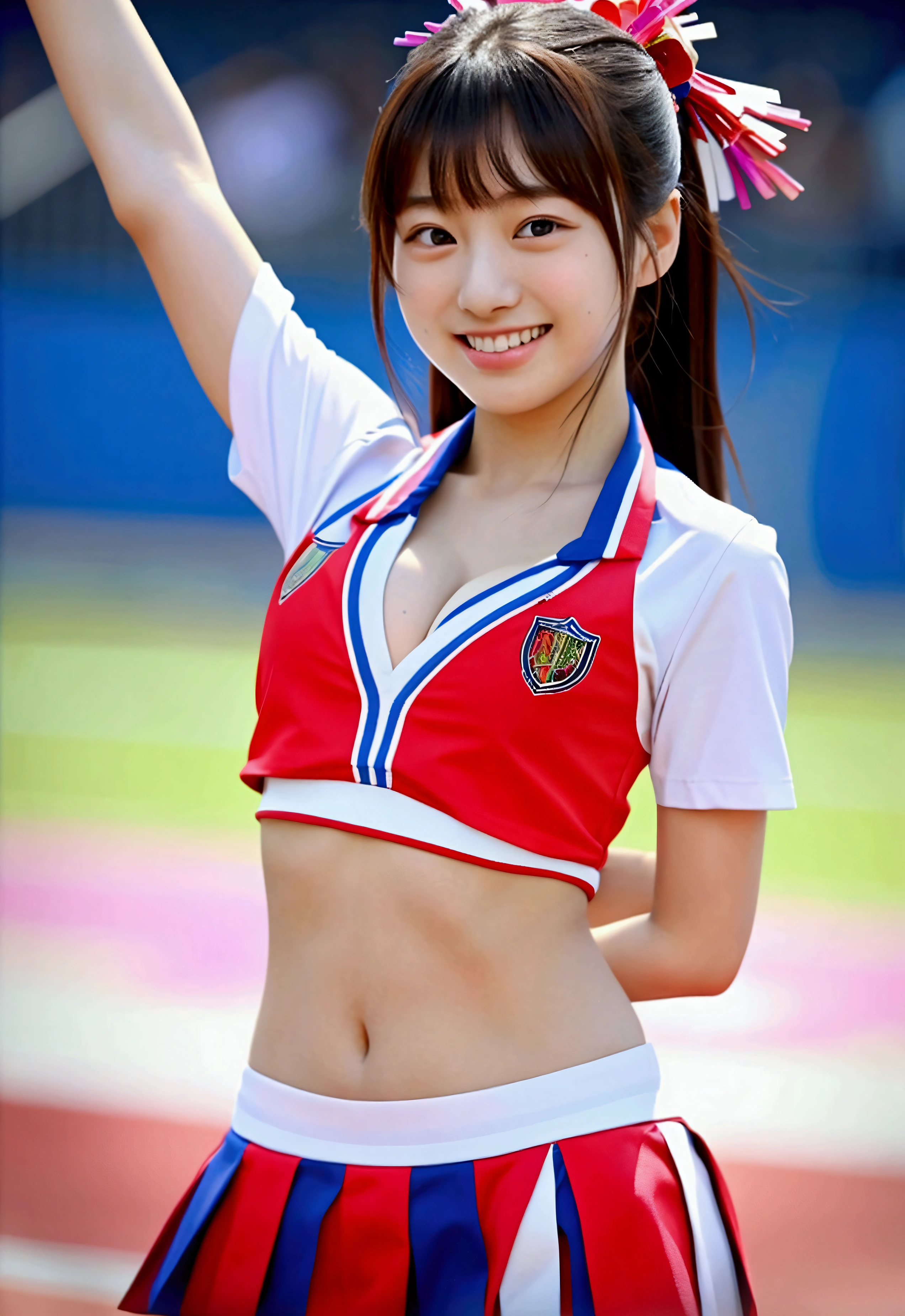 masterpiece、超High resolution、well done!、She has a very pretty face and a youthful figure like an idol..々A 17-year-old Japanese girl with unique features、Gentle and cute、A kind smile、She is cheering at the soccer stadium Cheerleading Team、Cheerleader uniforms are bikini style and expose cleavage.、Medium bust、whole body、RAW Photos、Genuine、High resolution、Life、No copyright notice