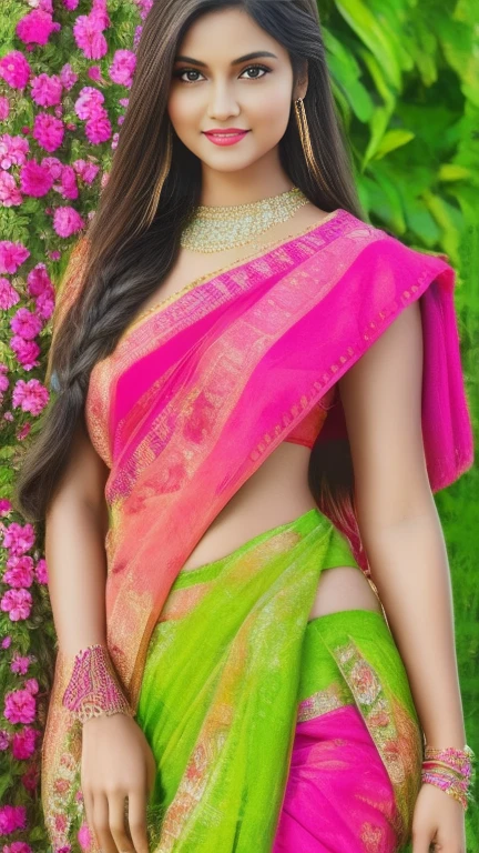(best quality,4k,8k,highres,masterpiece:1.2),ultra-detailed,(realistic,photorealistic,photo-realistic:1.37) a breathtakingly beautiful and very young village girl, exuding an aura of innocence and charm. She is dressed in a traditional south Indian silk blouse, which is elegantly draped over a petticoat, and a half saree that accentuates her figure. Her long, shiny brown hair is brushed into intricate twin braids, adorned with colorful flowers that seem to dance in the breeze. Against this backdrop of lush green agricultural fields, the girl's flawless skin glows, making her appear even more radiant. The insane level of detail in this ultra-high definition, high dynamic range image captures every fleck of dirt on her skin and every strand of hair, as well as the vibrant colors of the flowers and the intricate patterns of her attire.