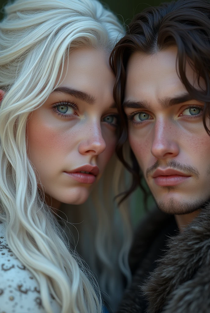 A highly detailed portrait of 2 males and 1 male, beautiful with white long hair, eyes of lilac color, 1 male with high short brown skin hair, inspired by the Game of Thrones fantasy series, cinematic lighting, intricate details, masterful rendering, photorealistic, 8k, HDR