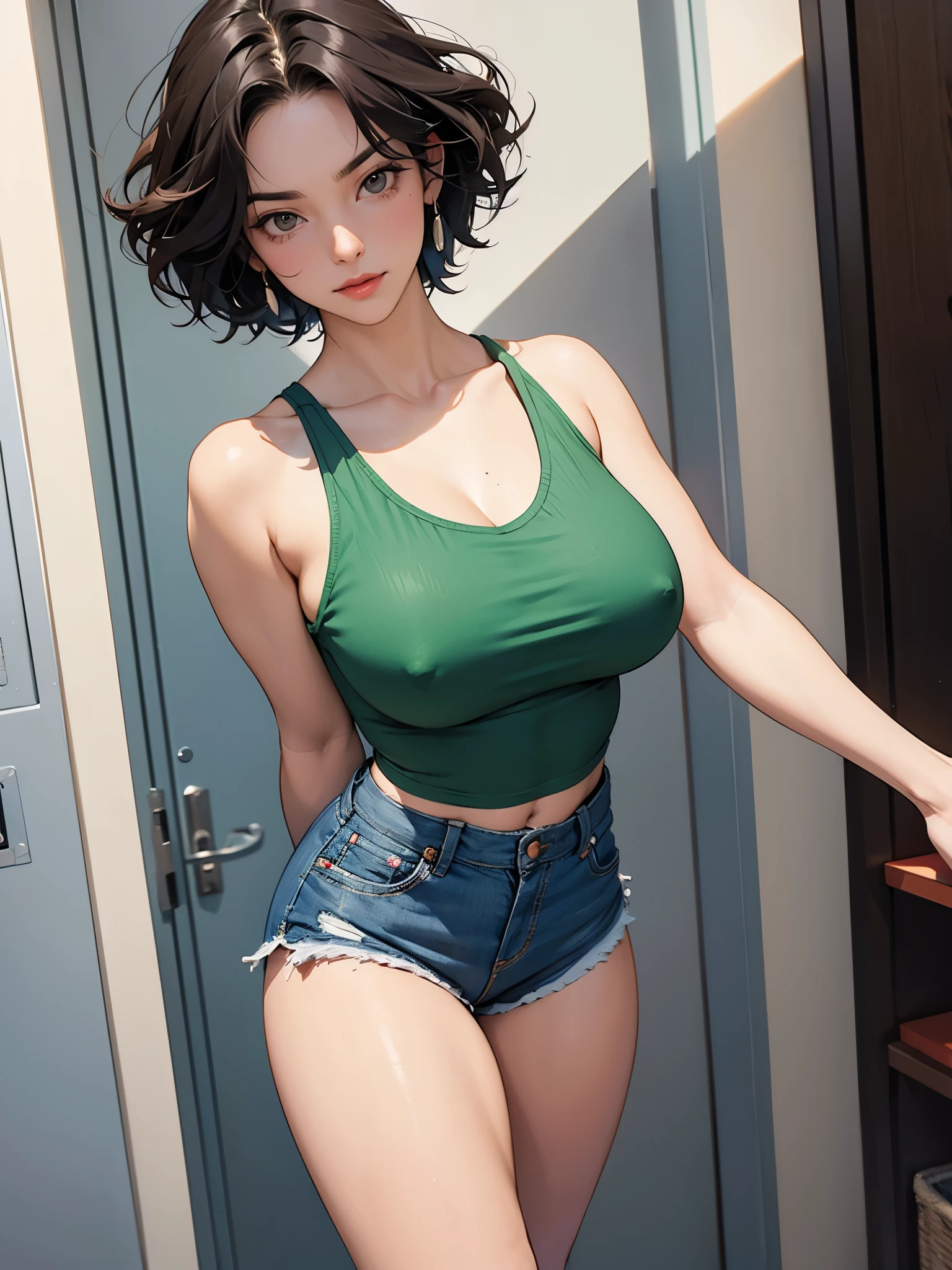A muscular woman. dark brown curly hair cut short, wearing a green tank top and blue shorts. huge ,she is walking 