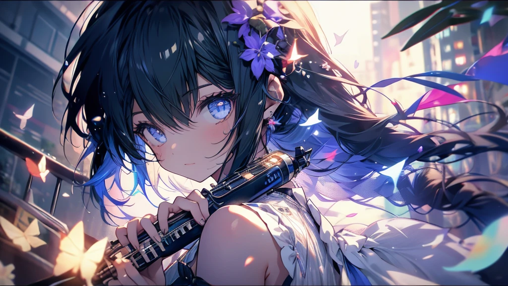A girl is playing an ocarina on a tree branch. She has long black hair and wears a white dress. Next to the girl, a black cat is riding along with the music.