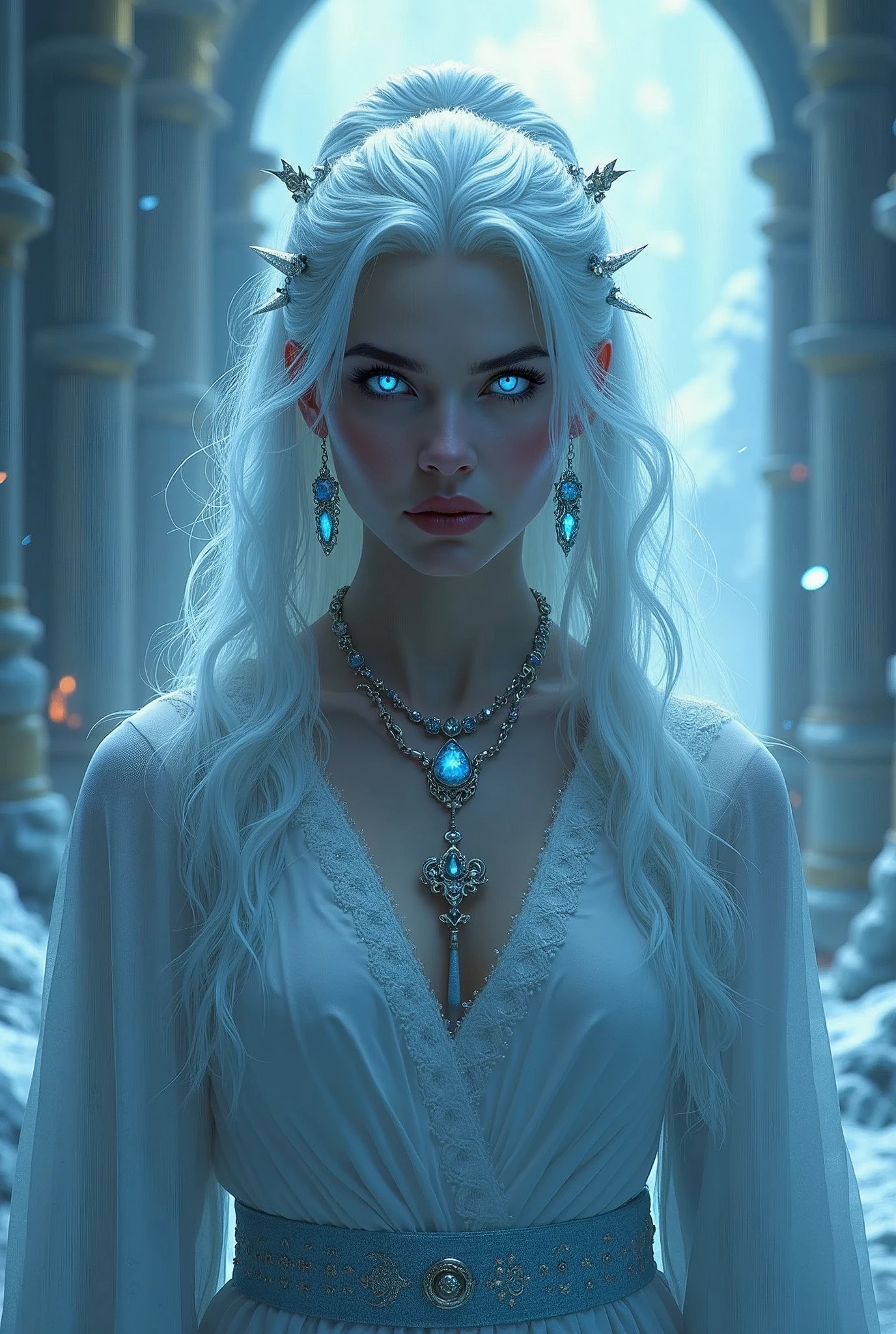 8k、Ice Queenの全身写真,(number々Award-winning masterpiece、Incredible detail、texture、Maximum details)、(超Realistic:1.4)、(Realistic:1.3)、(Full body portrait:1.8)、(Upper body close-up:0.4)、(Top quality realistic texture skin)、(Creating perfectly symmetrical eyes)、Beautiful Face、((The medieval world))、((Ice Queen))、((The Ice Devil of the Lord's Hell))、(Glowing Ice、 Icy Gaze)、(Just like the whole body:1.6)、 (Laugh coldly)、(Glow in the dark blue eyes:1.5)、(Blue eyes with a strong white light coming from within:1.5)、(Swirling ice and fire in the background)、(Dramatic Light)、(A spectacular sight)、(The expression is cold and beautiful、Somehow scary)、Glass earrings in the ears、 (Dramatic Photos:1.4)、(Dramatic Pose)、(White Wavy Hair)、(Upturned 髪)、(A simple necklace with intricate embellishments around the neck)、(Brightly illuminated bioluminescence:1.3)、The Amazing temple of the Devil、 Amazing temple、cathedral、Temple ruins,(Glowing magic circle)、Shining majestic clouds and sky、iceberg、Stunning graphics、(Art Station:1.5)、Cinematic、((Neutral Color))、(High resolution:1.5)、(Calm colors:1.2)、Very detailed、Dramatic Light、(Intricate details:1.1)、Complex background、sexy,
