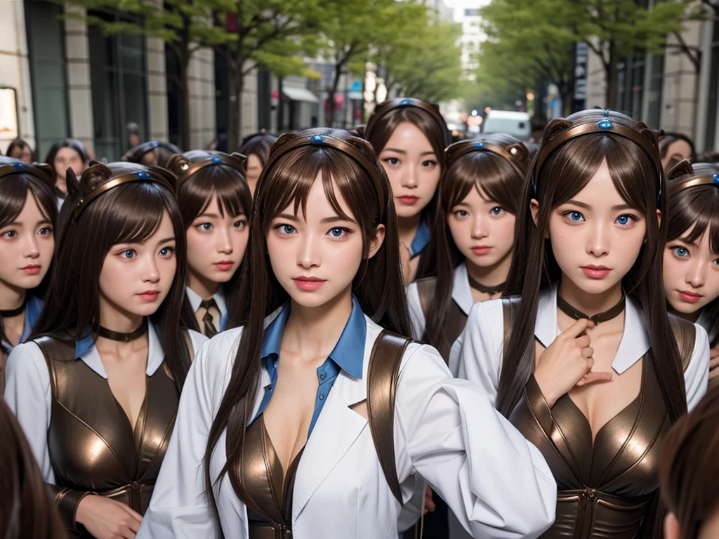 (((Clone Art)))、((Very detailed depiction of a female avatar))、8k、Realistic、20-year-old、Beauty Women、(A girl in a bronze maid outfit: 1.8)、The skirt is brown、White hose、Black leather shoes、Hair in a ponytail、Cute smile、Sticky skin、Big B cleavage、Full brup、(((Clone skivated)))、(((There are many people with the same exact face and body type)))、((Full of girls who are just clones))、Surrounded by girls who are clones、Tens of thousands of girls、Standing、sitting、Crowd of girls、Split-ego girls group、A crowd of girls、A girl with an alter ego walks、smile