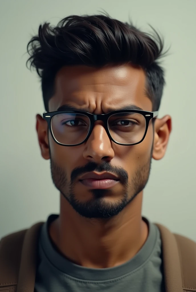 Young indian man, skinny, goatee, glasses, backpack, angry.