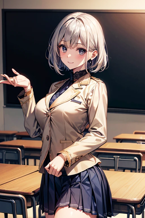 High-quality, ultra-realistic portraits。
(Big eyes、Gentle features、Natural smile)、((Asymmetrical shorthair:1.8、light brown))、Light Skin Tone、Healthy and smooth skin、((White long sleeve blouse:1.4、Lace trim on collar、Navy blue blazer:1.8、Gold Button、School emblem on breast pocket、Navy and white checkered pleated skirt:1.5))、Simple silver earrings、Slim wristwatch、 Black Loafers、((In the background is a classroom with advanced digital screens.:1.3))。