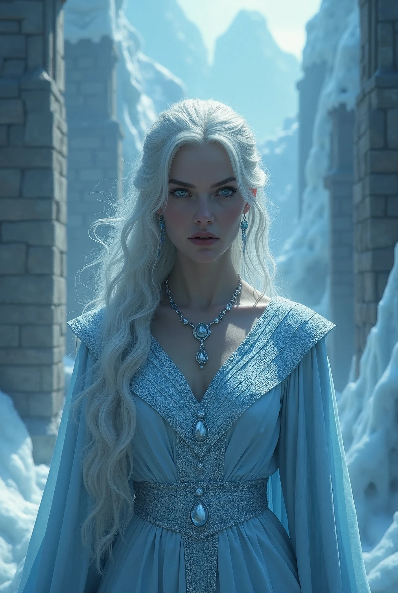 8k、Ice Queenの全身写真,(number々Award-winning masterpiece、Incredible detail、texture、Maximum details)、(超Realistic:1.4)、(Realistic:1.3)、(Full body portrait:1.8)、(Upper body close-up:0.4)、(Top quality realistic texture skin)、(Creating perfectly symmetrical eyes)、Beautiful Face、((The medieval world))、((Ice Queen))、((The Ice Devil of the Lord's Hell))、(Glowing Ice、 Icy Gaze)、(Just like the whole body:1.6)、 (Laugh coldly)、(Glow in the dark blue eyes:1.5)、(Blue eyes with a strong white light coming from within:1.5)、(Swirling ice and fire in the background)、(Dramatic Light)、(A spectacular sight)、(The expression is cold and beautiful、Somehow scary)、Glass earrings in the ears、 (Dramatic Photos:1.4)、(Dramatic Pose)、(White Wavy Hair)、(Upturned 髪)、(A simple necklace with intricate embellishments around the neck)、(Brightly illuminated bioluminescence:1.3)、The Amazing temple of the Devil、 Amazing temple、cathedral、Temple ruins,(Glowing magic circle)、Shining majestic clouds and sky、iceberg、Stunning graphics、(Art Station:1.5)、Cinematic、((Neutral Color))、(High resolution:1.5)、(Calm colors:1.2)、Very detailed、Dramatic Light、(Intricate details:1.1)、Complex background、sexy,