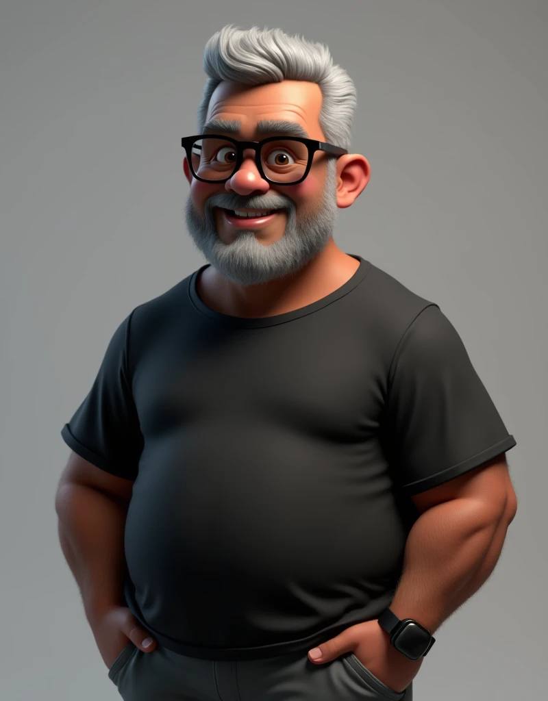 Create a stylized 3D cartoon character of a middle-aged black man with very short hair, wearing modern black glasses. The character should have a broad build with a slight overweight and a friendly expression, but not smiling. His skin tone is dark brown with a warm undertone. The man has only two prominent vertical wrinkles on his forehead between his eyebrows. His beard is trimmed and sparse, with more white hairs on the chin and the rest being dark gray. His hair is gray, extremely short on top, styled to the right side, and shaved on the sides. The man has hairy arms and does not wear any accessories or jewelry, except for a black smartwatch. The man is dressed in an oversized black t-shirt and dark gray pants without a belt. The character should be rendered in a stylized, animation-style, with a Pixar-like quality, using Arnold Maya render or toon Keyshot render. The rendering should be high quality, with cinematic lighting, sharp focus, detailed textures, detailed skin, clay-like finish, and bokeh effects in 8K resolution.