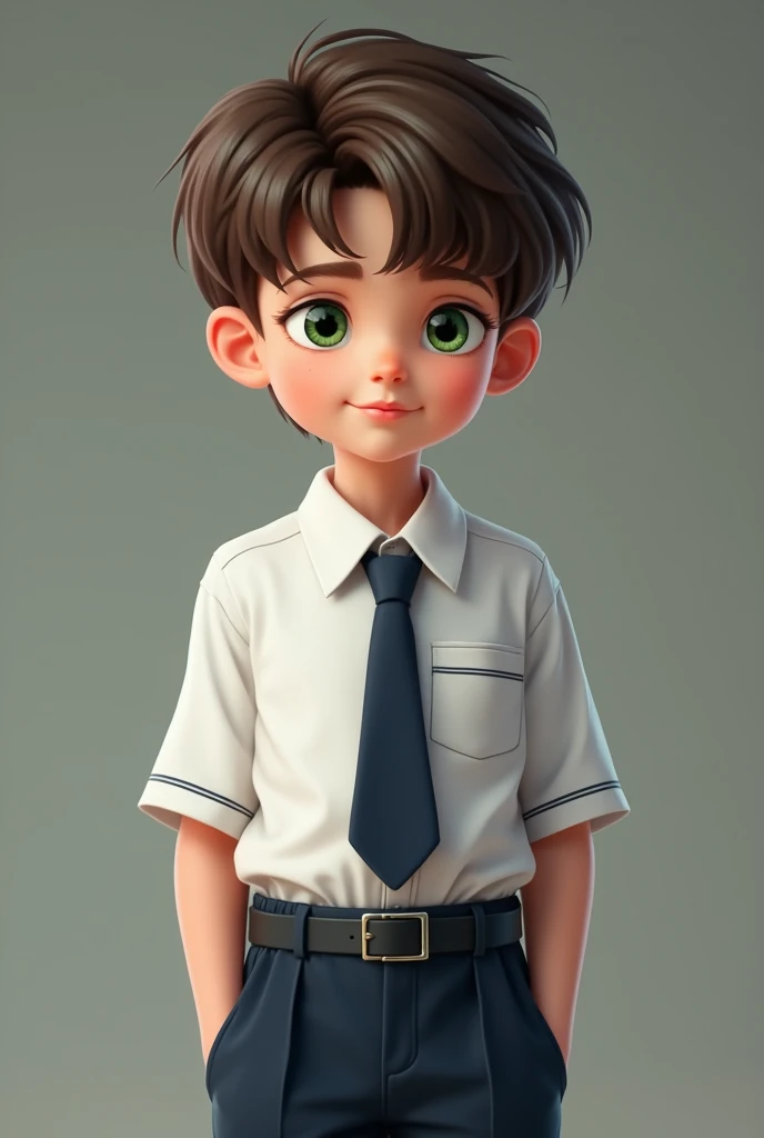A boy has brown hair,and his eyes are green, He wears a school uniform