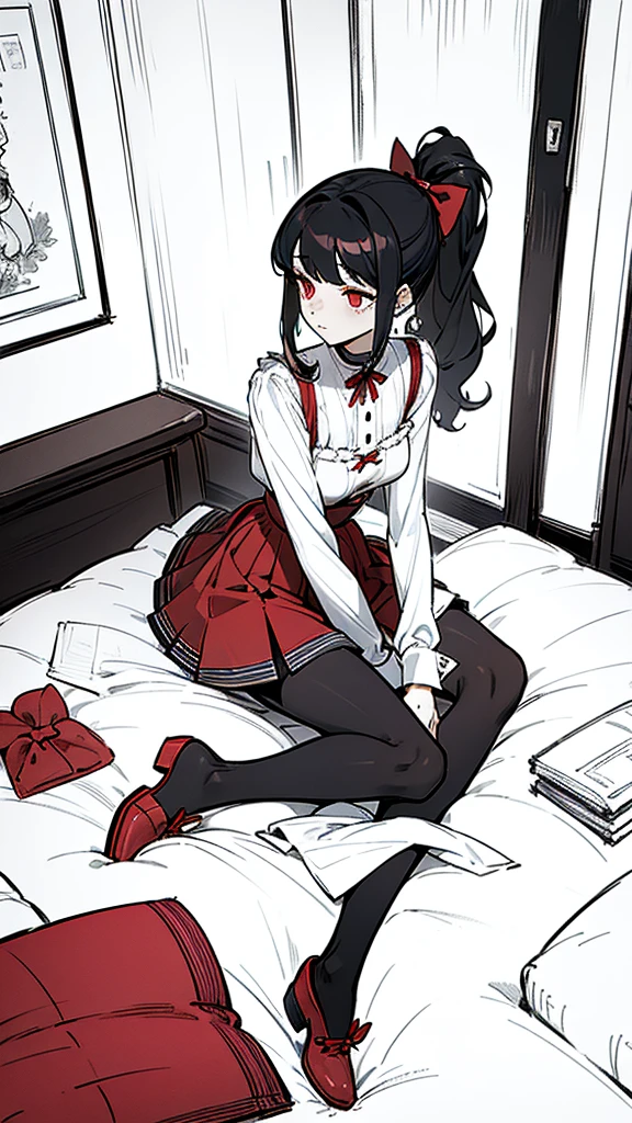 using pantimedies, wavy black hair, piercing look with deep red eyes, average stature, Silky hair with a ponytail hairstyle collected with a red bow with two white lines, with clothes, has a vagina, has breasts, cup of breasts, small breasts, slim, foreground, Session, sitting in her room, sitting on the floor of her room, wearing pantyhose, using pantimedies, Picardias, short skirt, shoes, blouse with straps