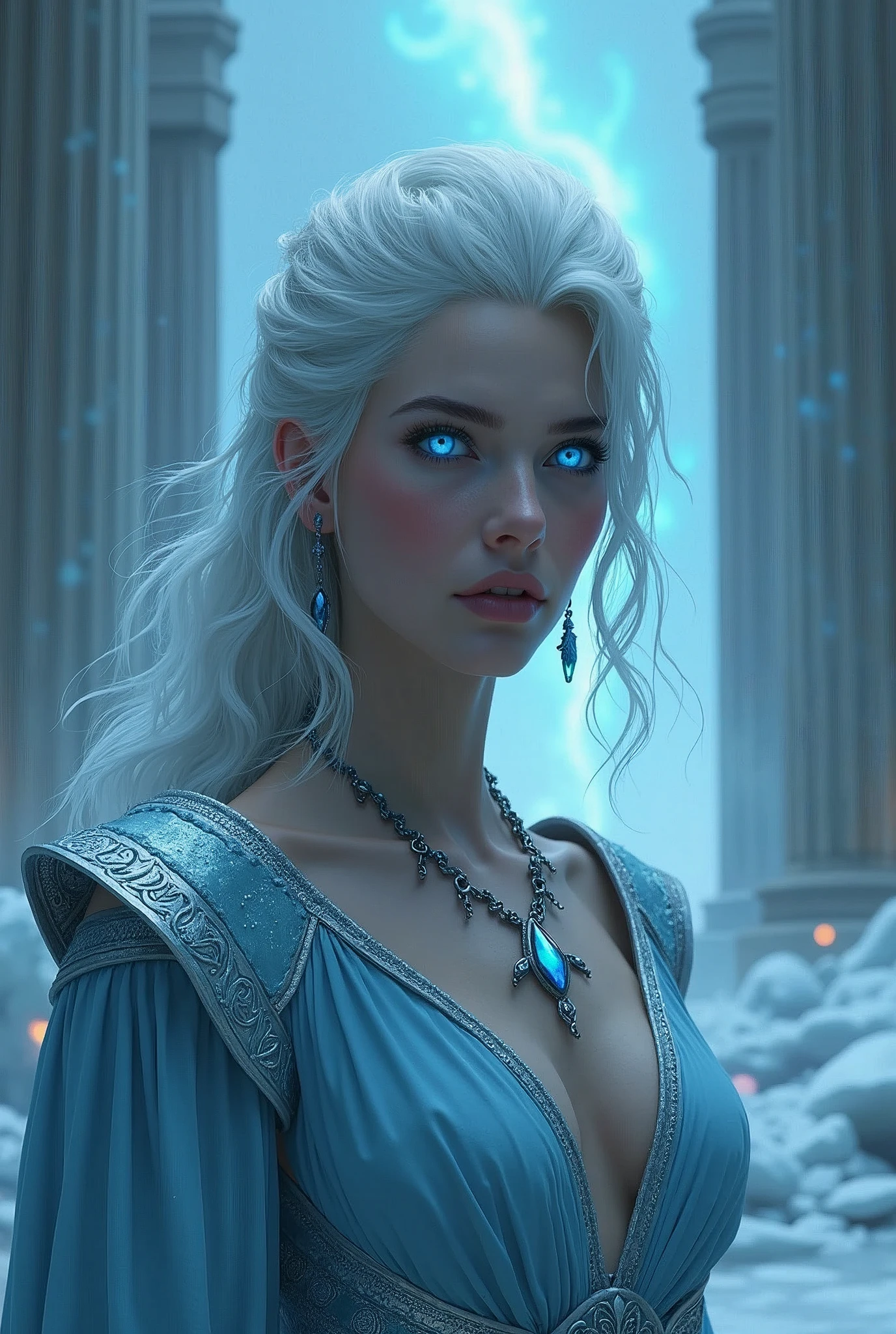 8k、Ice Queenの全身写真,(number々Award-winning masterpiece、Incredible detail、texture、Maximum details)、(超Realistic:1.4)、(Realistic:1.3)、(Full body portrait:1.8)、(Upper body close-up:0.4)、(Top quality realistic texture skin)、(Creating perfectly symmetrical eyes)、Beautiful Face、((The medieval world))、((Ice Queen))、((The Ice Devil of the Lord's Hell))、(Glowing Ice、 Icy Gaze)、(Just like the whole body:1.6)、 (Laugh coldly)、(Glow in the dark blue eyes:1.5)、(Blue eyes with a strong white light coming from within:1.5)、(Swirling ice and fire in the background)、(Dramatic Light)、(A spectacular sight)、(The expression is cold and beautiful、Somehow scary)、Glass earrings in the ears、 (Dramatic Photos:1.4)、(Dramatic Pose)、(White Wavy Hair)、(Upturned 髪)、(A simple necklace with intricate embellishments around the neck)、(Brightly illuminated bioluminescence:1.3)、The Amazing temple of the Devil、 Amazing temple、cathedral、Temple ruins,(Glowing magic circle)、Shining majestic clouds and sky、iceberg、Stunning graphics、(Art Station:1.5)、Cinematic、((Neutral Color))、(High resolution:1.5)、(Calm colors:1.2)、Very detailed、Dramatic Light、(Intricate details:1.1)、Complex background、sexy,