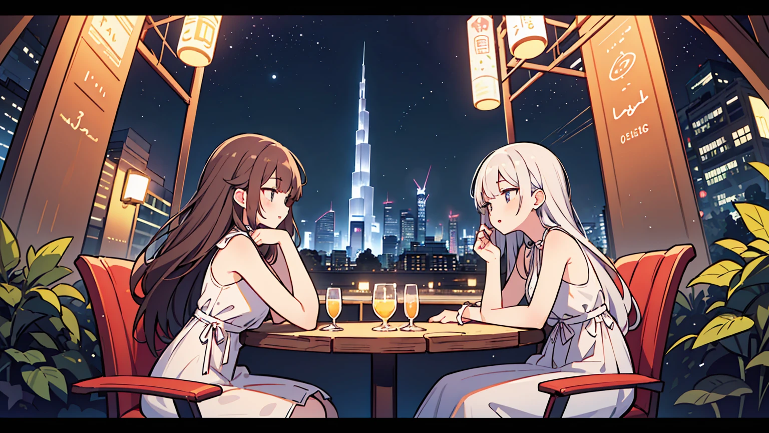 (masterpiece, best quality),2 women, different hair colors, different faces,letterboxed, perfection of fashion,chapped lips, sleeveless,dress,upper body, from the side,On a bench in a park with a lake,Round table ,chair,talking,Neon signs illuminating the night view with the Dubai Tower in sight