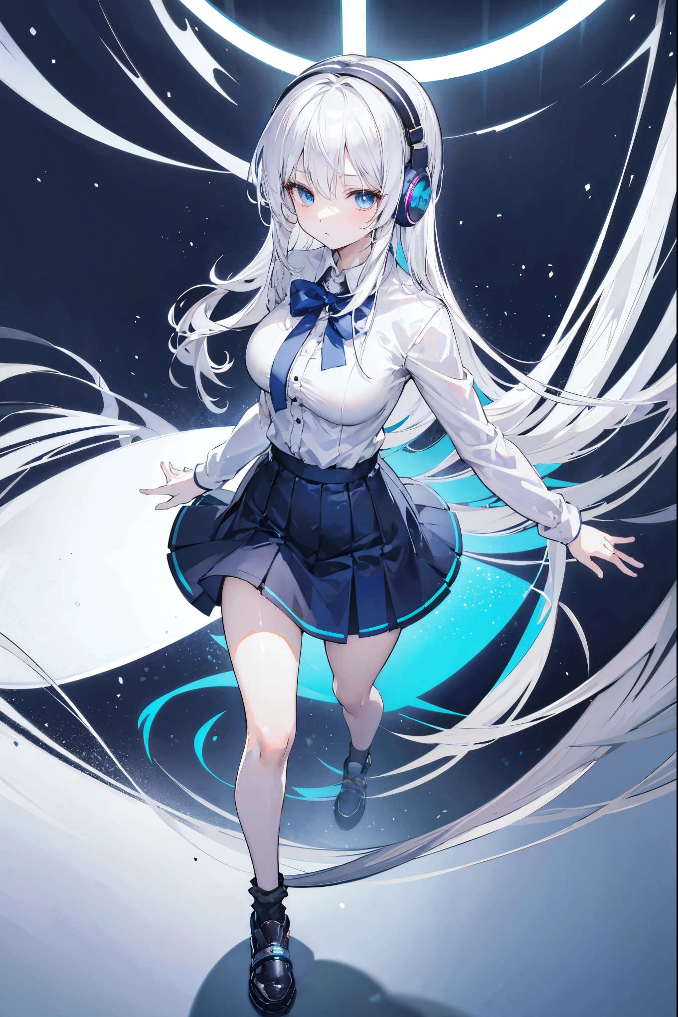 anime girl, 1 person, silver white hair, shoulder length hair, wearing headphones, dark blue eyes, women's shirt, dark blue skirt, short skirt, sockings, black sockings, , shy face, full body, solo, high quality images