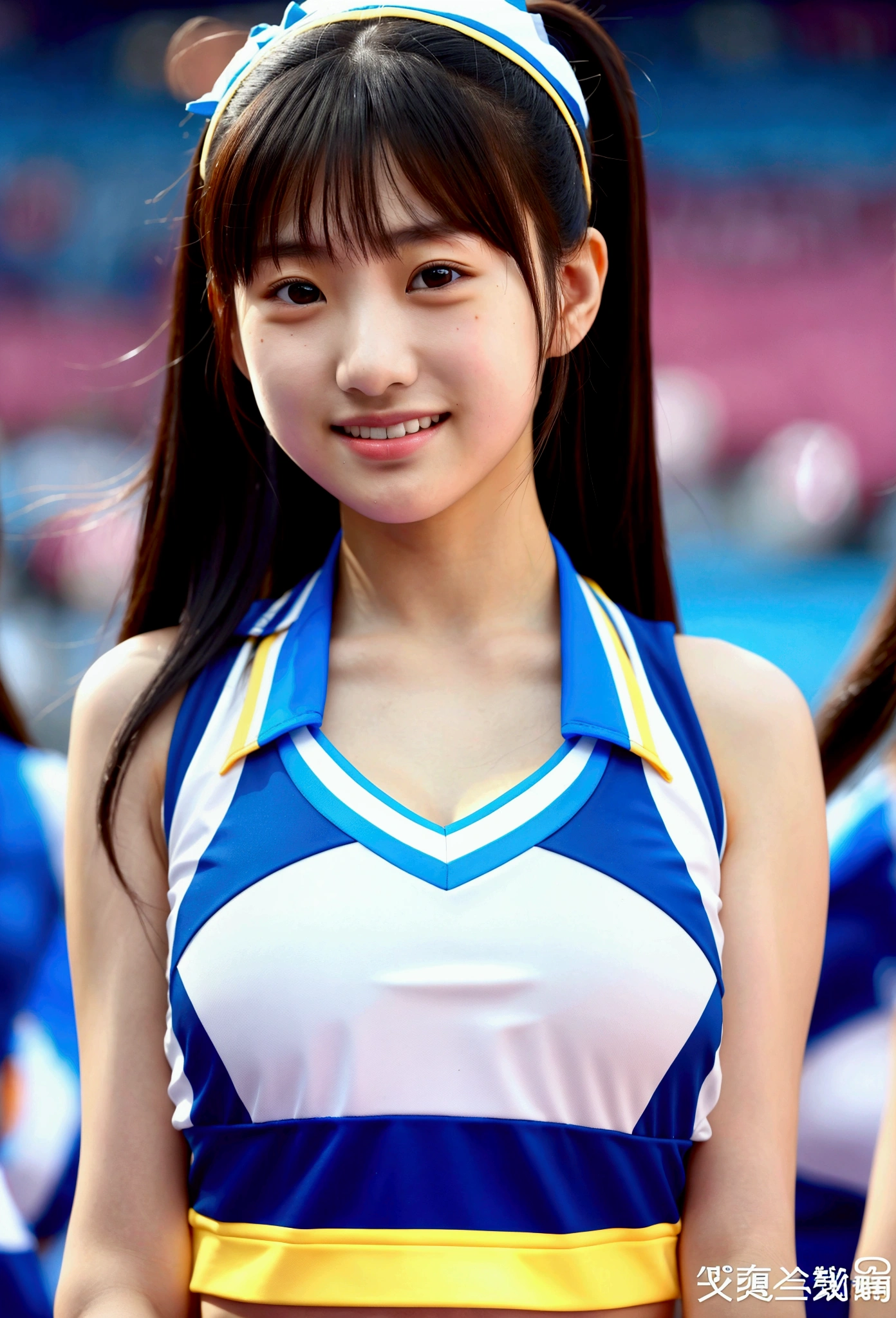 masterpiece、超High resolution、well done!、She has a very pretty face and a youthful figure like an idol..々A 17-year-old Japanese girl with unique features、Gentle and cute、A kind smile、She is cheering at the soccer stadium Cheerleading Team、Cheerleader uniforms are bikini style and expose cleavage.、Medium bust、whole body、RAW Photos、Genuine、High resolution、Life、No copyright notice