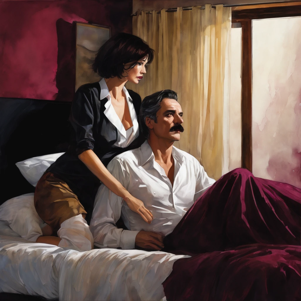 The man in his 55s with black very short hair and smooth face with moustache. The woman in her 55s with brown long hair. The man is wearing unbuttoned white shirt and black trousers. The woman is wearing burgundy dress. Messy clothes. In bedroom. Sex. Orgasm. Passion. Night, dark, dim. Ultra realistic.