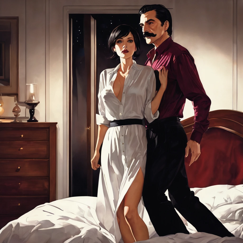 The man in his 55s with black very short hair and smooth face with moustache. The woman in her 55s with brown long hair. The man is wearing unbuttoned white shirt and black trousers. The woman is wearing burgundy dress. Messy clothes. In bedroom. Sex. Orgasm. Passion. Night, dark, dim. Ultra realistic.