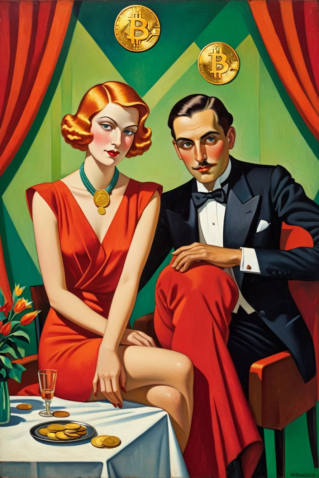 painting of a woman sitting at a table with a man in a tuxedo, art deco painting, stylised painting, art deco portrait, by Jean Metzinger, an art deco painting, by Fernand Pelez, art deco illustration, inspired by Moïse Kisling, georgy kurasov, bauhaus style painting, woman with blong hair red dress,a woman grap a gold coin of bitcoin