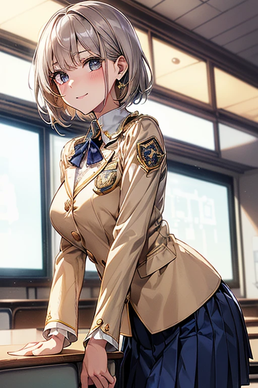 High-quality, ultra-realistic portraits。
(Big eyes、Gentle features、Natural smile)、((Asymmetrical shorthair、light brown))、Light Skin Tone、Healthy and smooth skin、(White long sleeve blouse:1.4、Lace trim on collar、Navy blue blazer:1.8、Gold Button、School emblem on breast pocket、Navy and white checkered pleated skirt:1.5)、Simple silver earrings、Slim wristwatch、 Black Loafers、((In the background is a classroom with advanced digital screens.:1.3))。