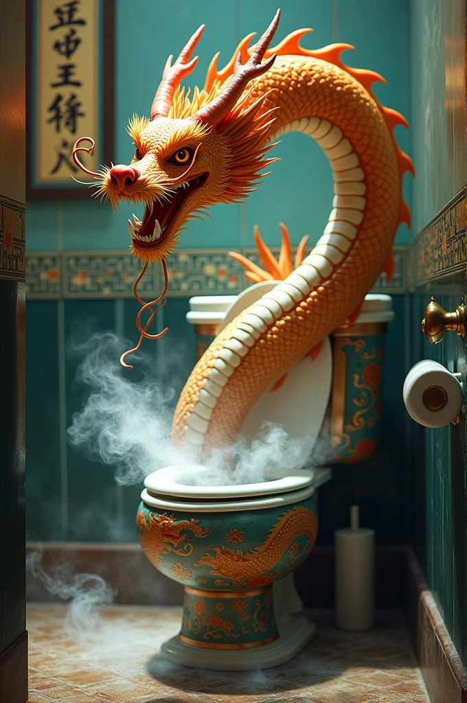 Chinese dragon emerging from a toilet