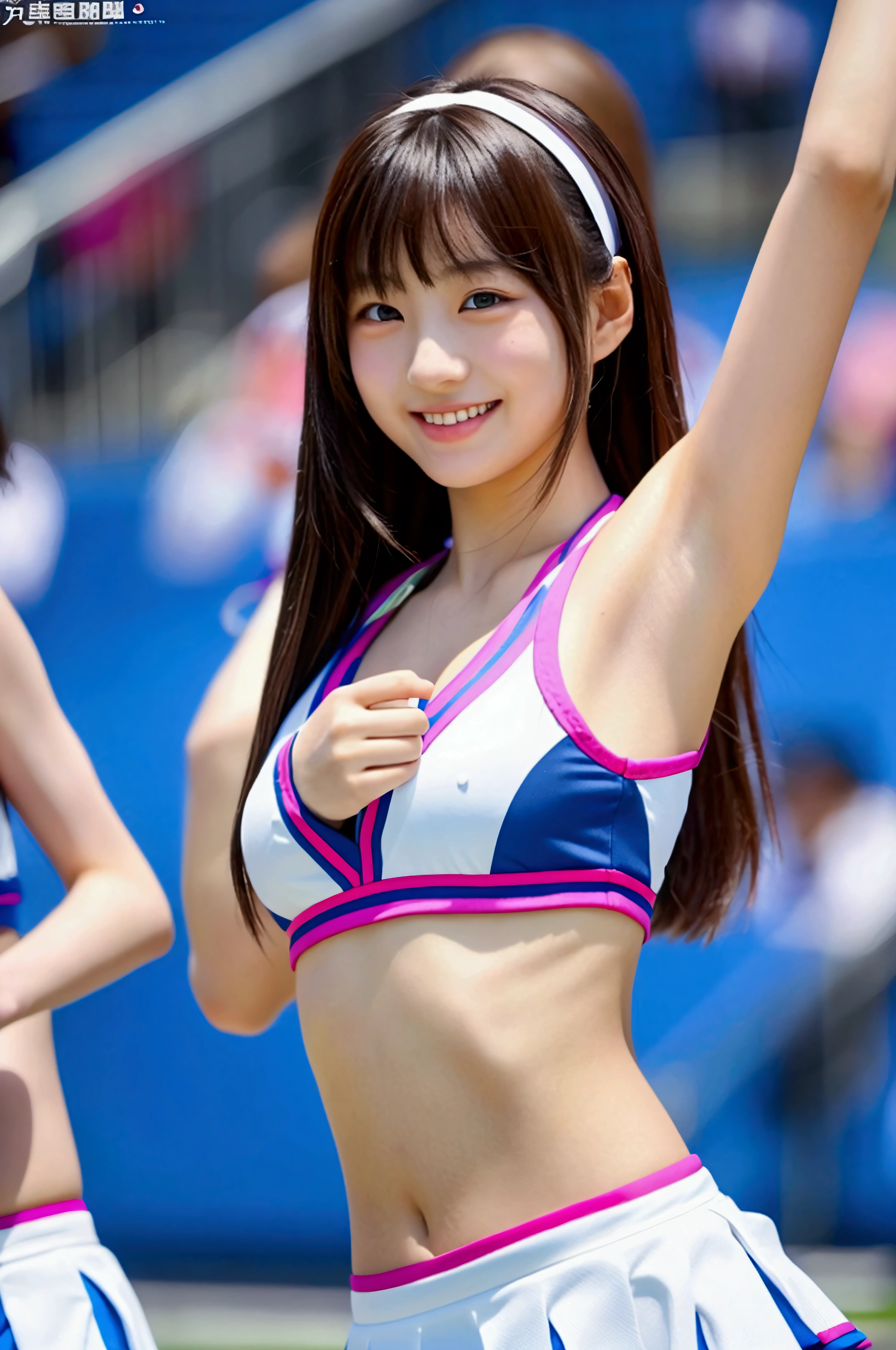 masterpiece、超High resolution、well done!、She has a very pretty face and a youthful figure like an idol..々A 17-year-old Japanese girl with unique features、Gentle and cute、A kind smile、She is cheering at the soccer stadium　Cheerleading Team、Cheerleader uniforms are bikini style and expose cleavage.、Medium bust、whole body、RAW Photos、Genuine、High resolution、Life、No copyright notice