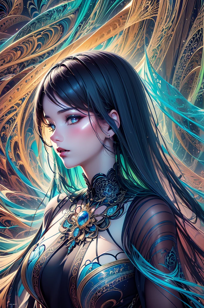 (masterpiece, Highest quality, Highest quality, Official Art, beautifully、aesthetic:1.2), (One girl:1.3), Very detailed,(Fractal Art:1.2),colorful,Most detailed,(Tangled:1.2), (Dynamic pose), (Abstract background:1.5), (traditional dress:1.2), (Glowing Skin), (Many colors:1.4) One girl,Realistic style with fantasy elements,High resolution,Realistic blue and light black,Charming and realistic characters,Glowing Skin,beautiful,