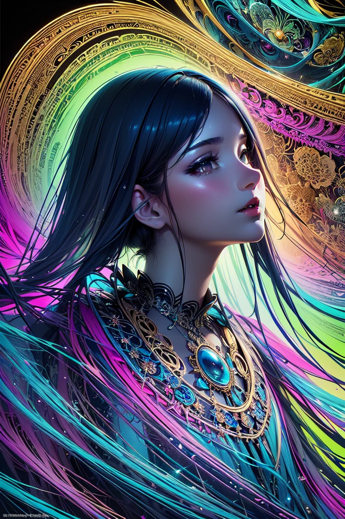 (masterpiece, Highest quality, Highest quality, Official Art, beautifully、aesthetic:1.2), (One girl:1.3), Very detailed,(Fractal Art:1.2),colorful,Most detailed,(Tangled:1.2), (Dynamic pose), (Abstract background:1.5), (traditional dress:1.2), (Glowing Skin), (Many colors:1.4) One girl,Realistic style with fantasy elements,High resolution,Realistic blue and light black,Charming and realistic characters,Glowing Skin,beautiful,