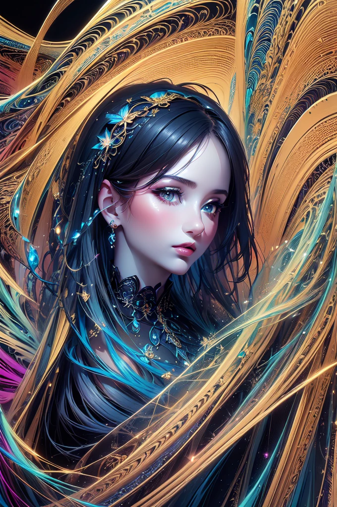 (masterpiece, Highest quality, Highest quality, Official Art, beautifully、aesthetic:1.2), (One girl:1.3), Very detailed,(Fractal Art:1.2),colorful,Most detailed,(Tangled:1.2), (Dynamic pose), (Abstract background:1.5), (traditional dress:1.2), (Glowing Skin), (Many colors:1.4) One girl,Realistic style with fantasy elements,High resolution,Realistic blue and light black,Charming and realistic characters,Glowing Skin,beautiful,