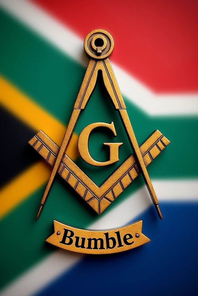 Masonic square and compass in the middle of a south african flag with the word Bumble below 