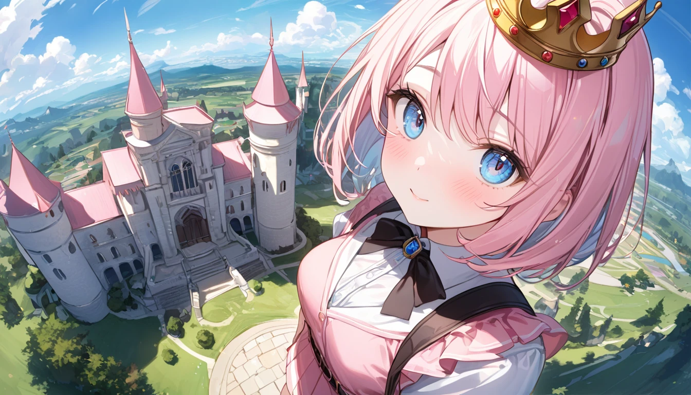 (1 girl),(Best Picture Quality, 8K, Masterpiece:1.3), (high school student:1.5), ((pink lob hair:1.1)), (bob cut),(swept bangs), (cute eyes, pupil black, iris skyblue, youthful face), (mole under right eye), (standard weight), (small breasts),(big hip), (glistening skin:1.1),(pale skin:1.2), BREAK cute pink dress, ruffled sleeves, short skirt, BREAK small golden crown, BREAK fantasy pink castle, magical aura, lush green garden in foreground, blue sky with fluffy clouds, bright daylight BREAK fisheye,from above,(magnificent panorama view:1.3), looking at viewer,